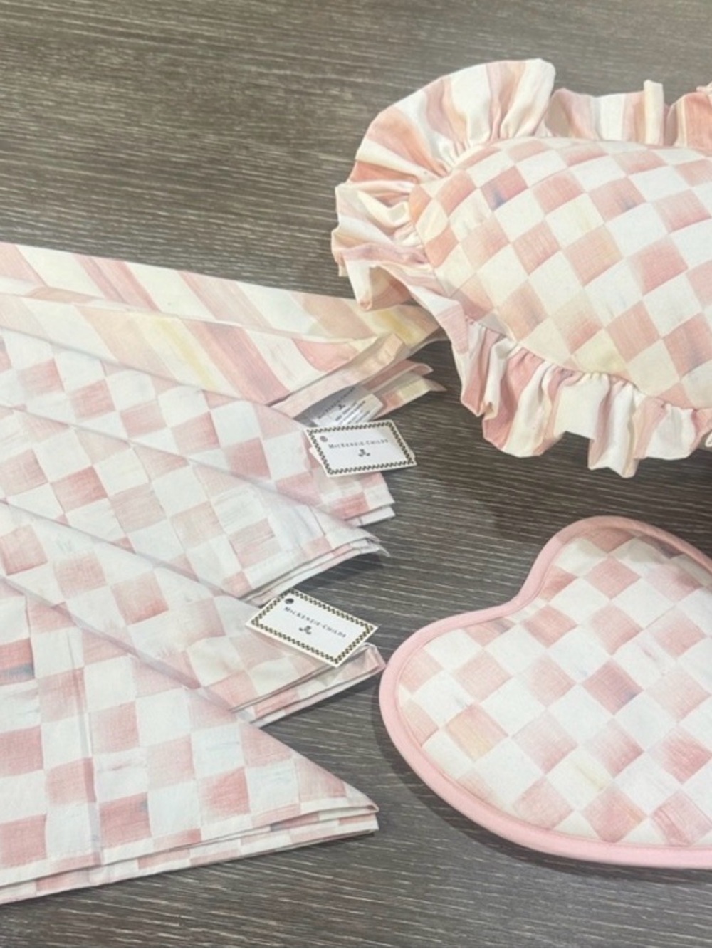 Mackenzie-Child Pink Checkered Ruffle Heart Oven Mitt & Napkin Set, throw pillo.